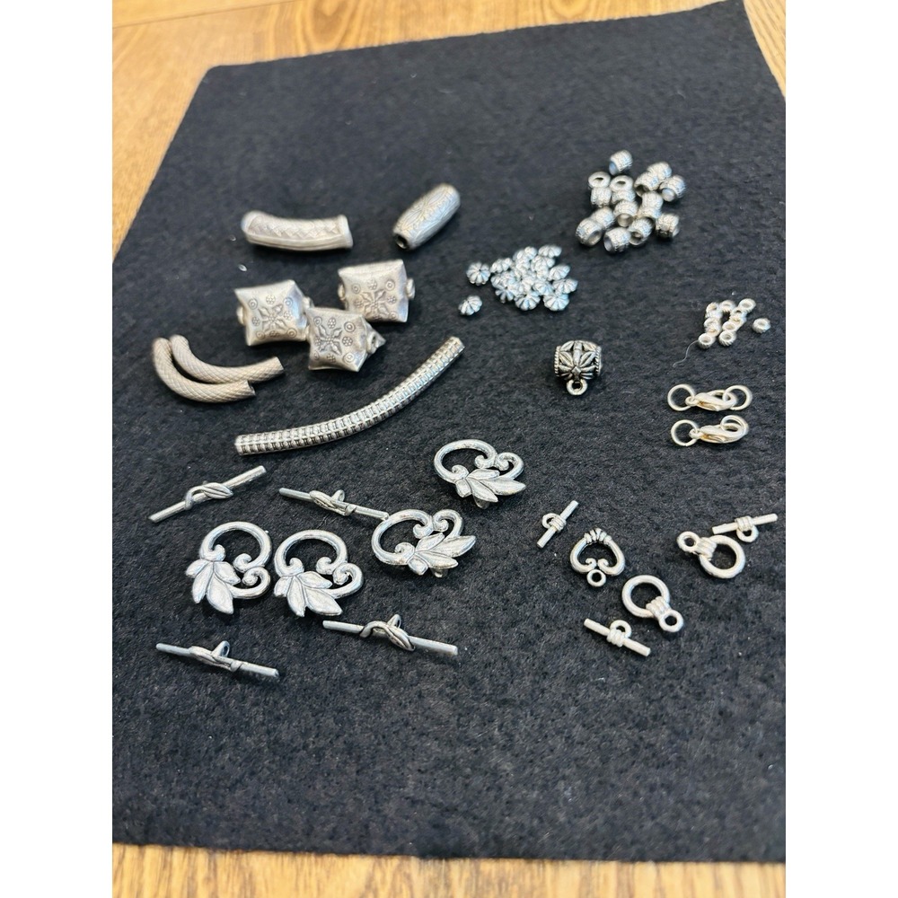 Lot Of Jewelry Making Supplies Lg Silver Engraved Beads Clasps Spacers Tubes